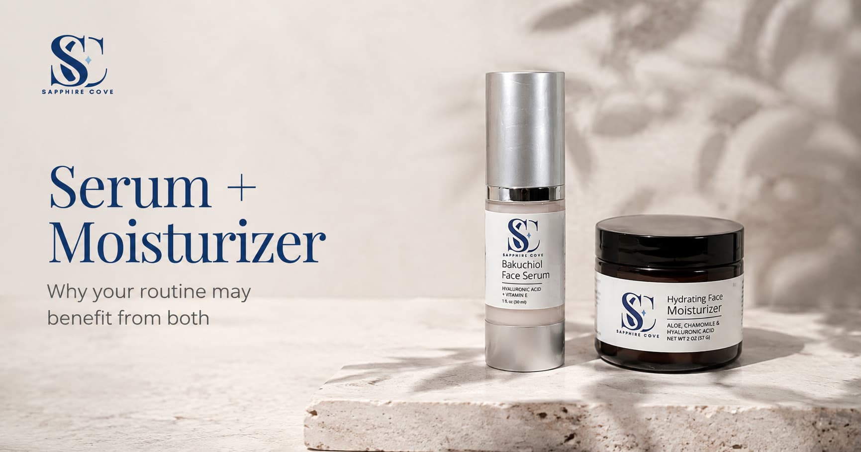 Sapphire Cove Bakuchiol Face Serum and Hydrating Face Moisturizer displayed together on a light stone surface beside the words Serum + Moisturizer.
