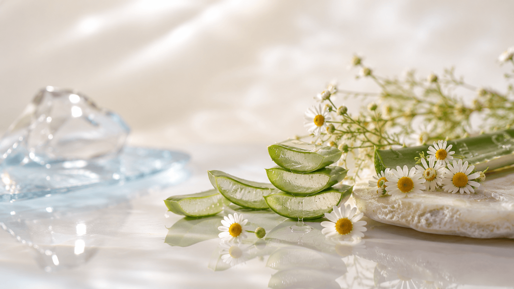 Fresh aloe vera slices and chamomile flowers on a soft, water-dappled surface