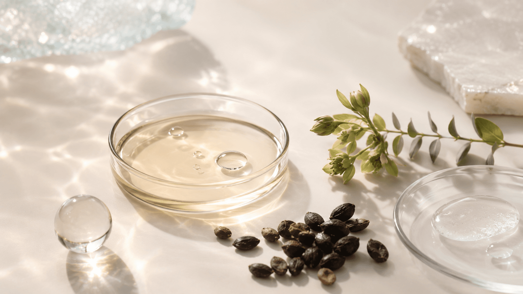 Dark babchi seeds and a soft green sprig beside a glass dish of pale bakuchiol oil