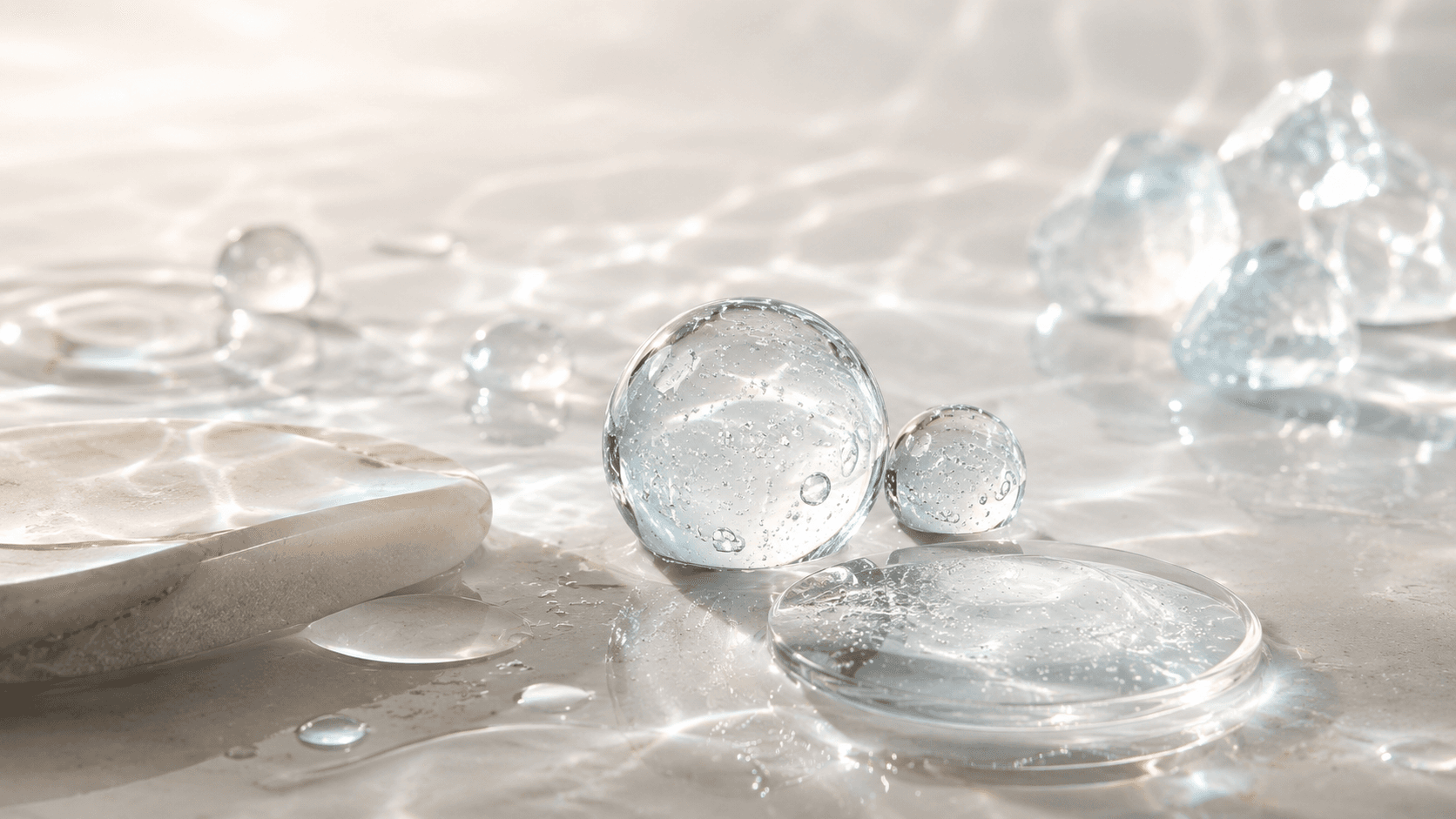 Clear hydrating gel spheres and water droplets catching soft light on a pale stone surface