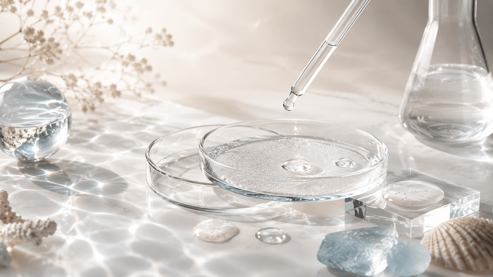 A glass dropper releasing a single clear drop into a petri dish beside a laboratory flask