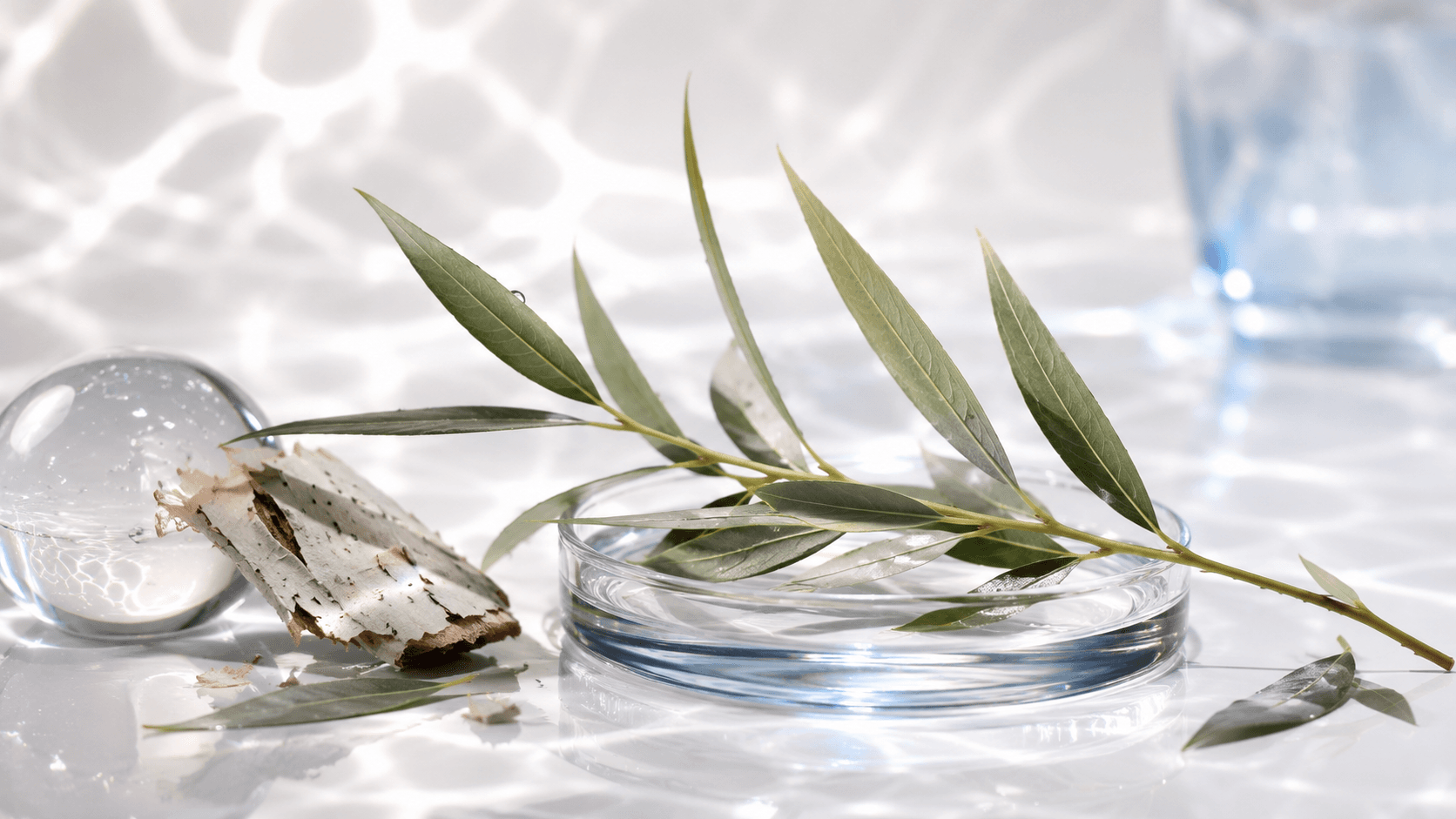 A slender willow branch and a curl of willow bark resting in a shallow glass dish of water